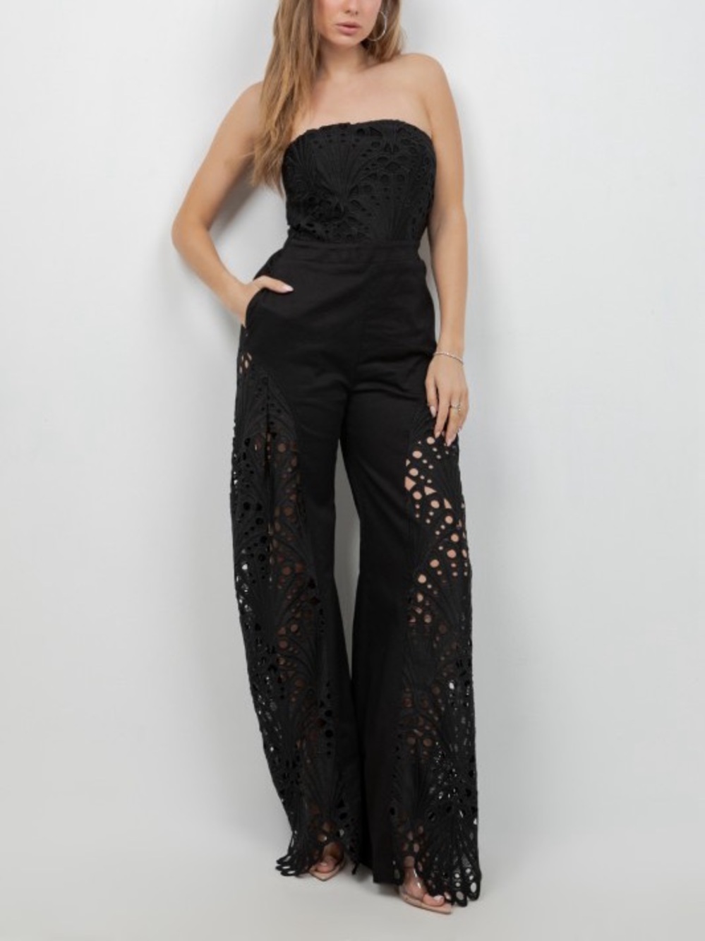 Strapless Black Crochet Wide-Leg Jumpsuit - Picture 6 of 12